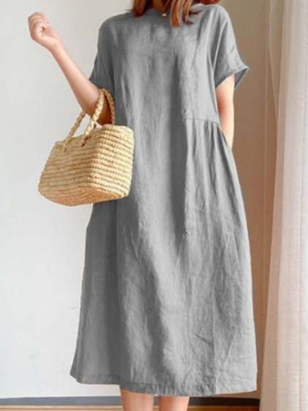 Loose Color Round-neck Midi Dresses