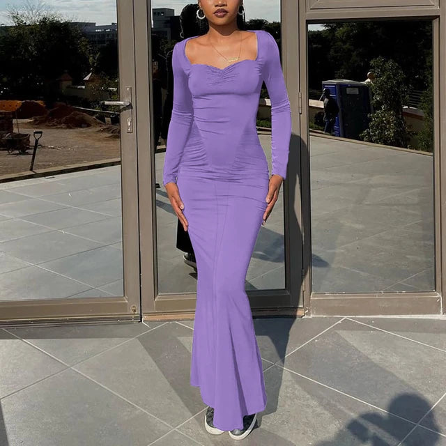 Long Sleeve Party Dresses High Waist Slim Fit ’s Evening Dress Color Pleated Long Dresses