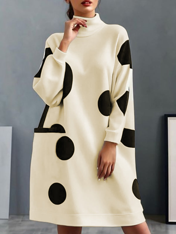 Long Sleeves Loose Pockets Polka-dot Mock Neck Midi Dresses