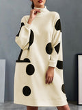 Long Sleeves Loose Pockets Polka-dot Mock Neck Midi Dresses