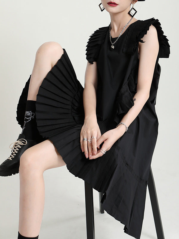 Flying Sleeves Loose Asymmetric Pleated Color Split-joint Round-neck Midi Dresses