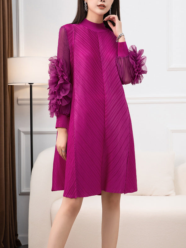 Long Sleeves Loose Embroidered Pleated Color Round-neck Midi Dresses