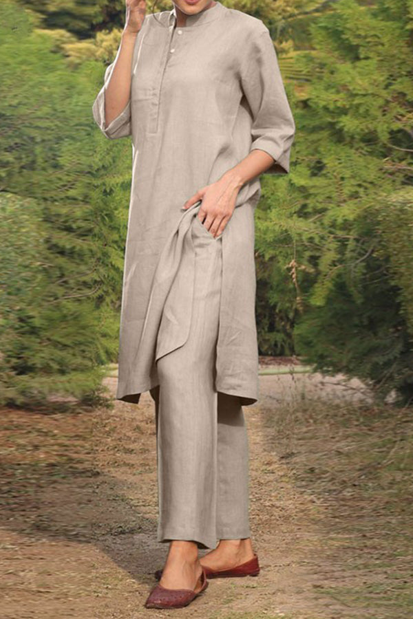 Cotton and Linen V-neck 3/4 Sleeve Wide Brimmed Pants 2-piece Set