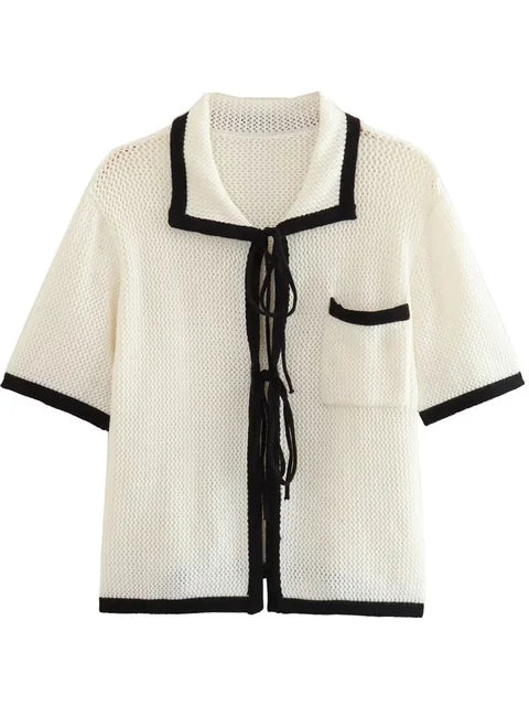 Contrast Knit 2 Piece-set Lace-up Short Sleeve Cardigan Top and Long Skirt Sets High Waist Knitwear Outfits