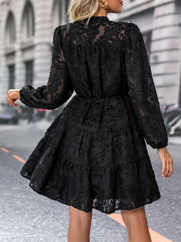 A-line Long Sleeves Buttoned Elasticity Jacquard Pleated Color Tied Waist Stand Collar Mini Dresses