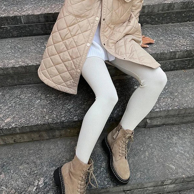 Beige Ribbed Knit Leggings High Waist Cotton Fitness Basic Pants Spring New All-match Female Skinny Leggings
