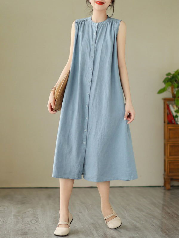 A-line Sleeveless Buttoned Pleated Color Round-neck Midi Dresses