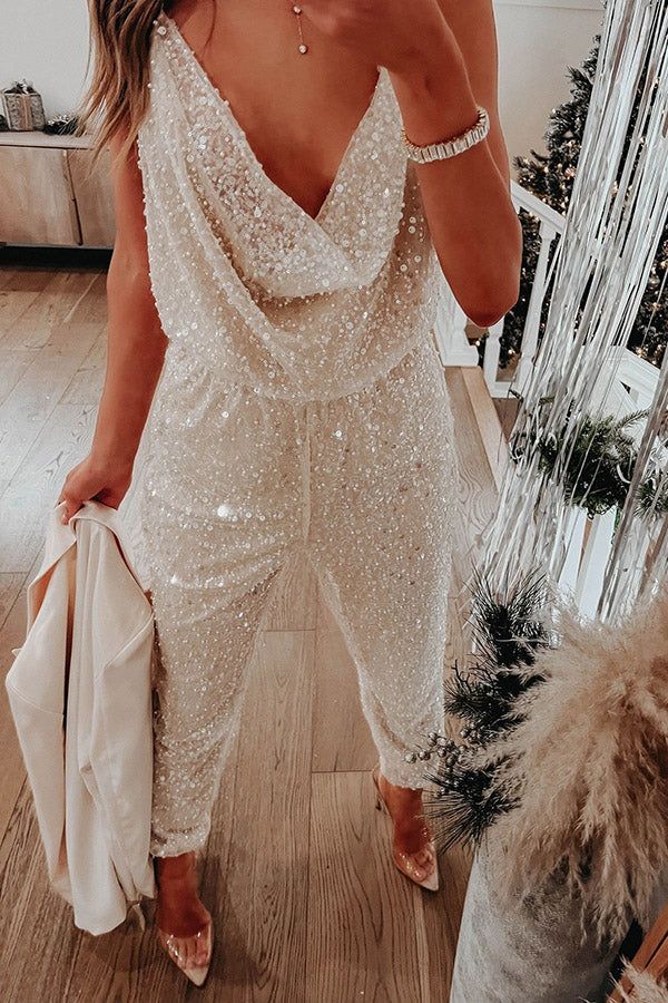 Cheers to Me Sequin Halter Elastic Waist Jumpsuit