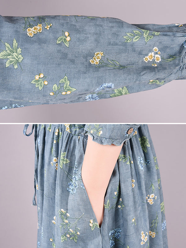 Printed Ramie Cotton Loose Midi Dress