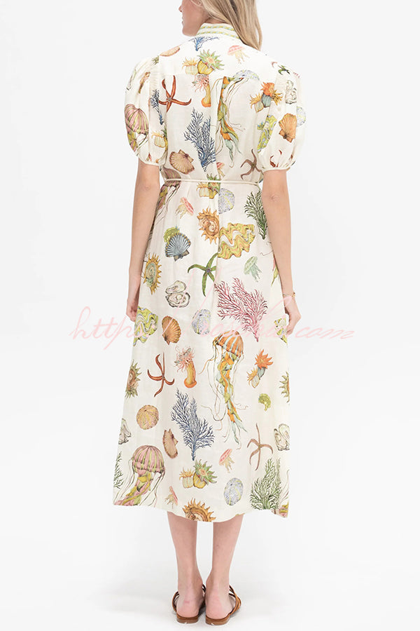 Beach Shell Print Puff Sleeve Tie-waist Midi Dress