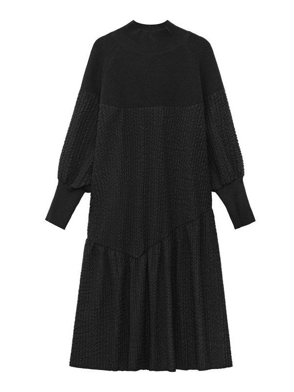 A-line Long Sleeves Asymmetric Color Split-joint High-neck Midi Dresses Sweater Dresses
