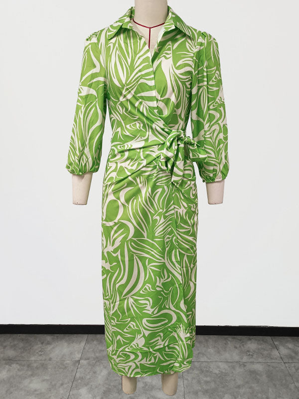 A-line High Waisted Elasticity Printed Tied Waist Lapel Midi Dresses Shirt Dress