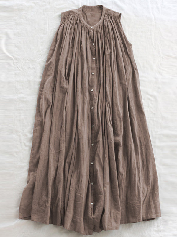 Loose Sleeveless Pleated See-through Round-neck Midi Dresses