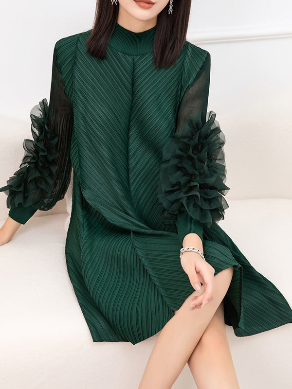 Long Sleeves Loose Embroidered Pleated Color Round-neck Midi Dresses