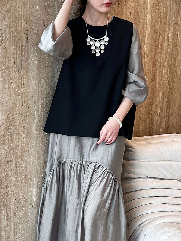 High Waisted Long Sleeves Elasticity Pleated Color Split-joint Zipper V-neck Midi Dresses