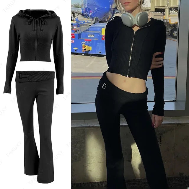 Spring Outfits Zipper Sweater Hoodie Set High Waist Flare Pants Suits Pink Knitted Y2k Two Piece Set
