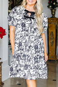 Black Print Bow Detail Puff Sleeve Midi Dress