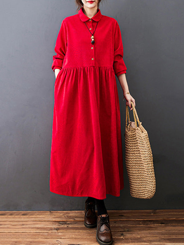 Split-joint Color Long Sleeves Lapel A-line Corduroy Midi Dress