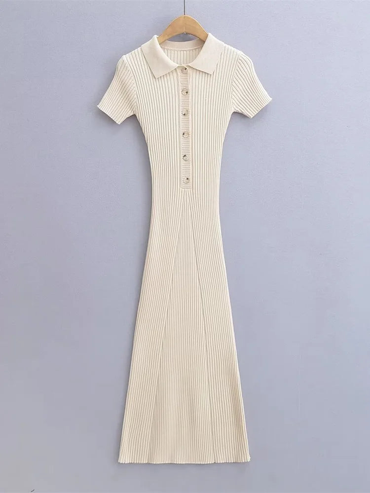 Ribbed High Waist Slim Maxi Dress for Knitwear Lapel Party Dress Gown Short Sleeve Knit Dress