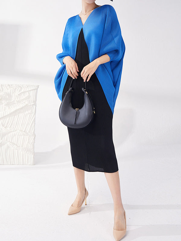 Batwing Sleeves Loose Contrast Color Pleated Round-neck Midi Dresses