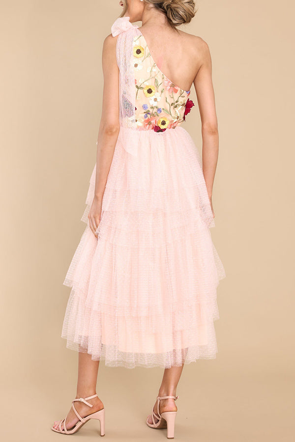 Midnight Garden Embroidered Applique One Shoulder Tiered Tulle Midi Dress