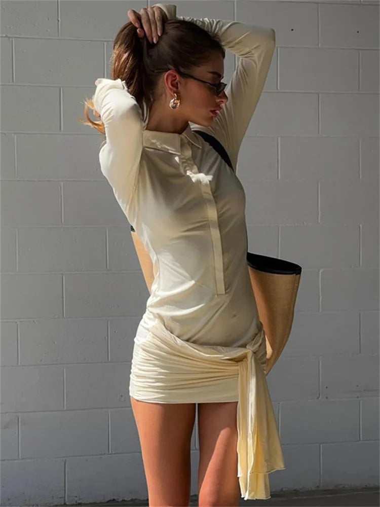 See-through Mini Dress for Lapel Pleated See-through Bandage High Waist Dress Female Mini Dress