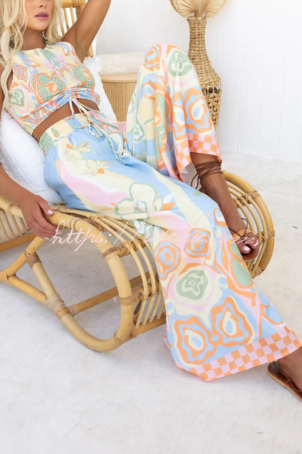 It's Your Vacation Print Elastic Drawstring Waist Pocket Wide Leg Pants