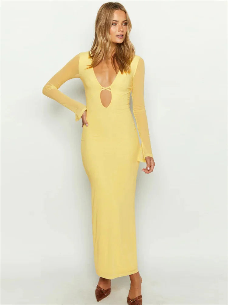 Mesh Lace-up Hollow Out Maxi Dress – V-neck Bandage Party Dress