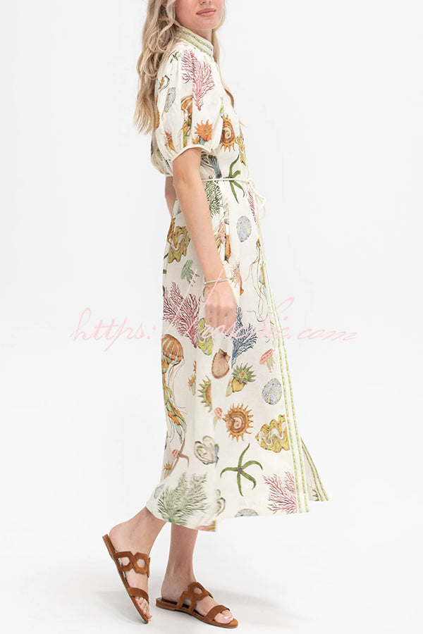 Beach Shell Print Puff Sleeve Tie-waist Midi Dress