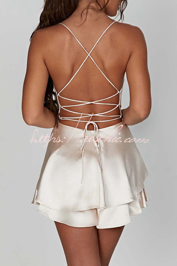 Ruffled Satin Strappy Satin Backless Lace Up Mini Dress