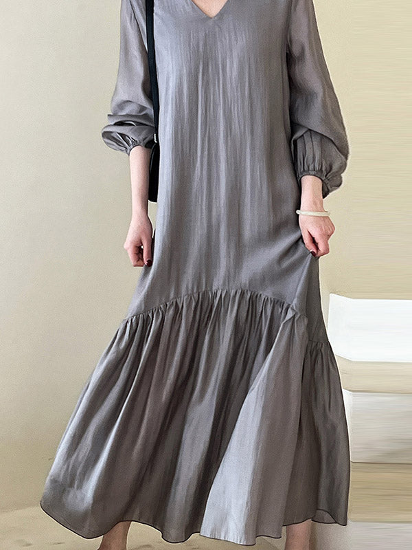 High Waisted Long Sleeves Elasticity Pleated Color Split-joint Zipper V-neck Midi Dresses