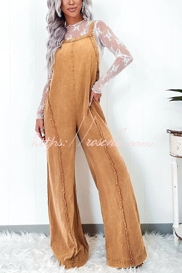 Washed Denim Raw Edge Elastic Waist Wide Leg Jumpsuit