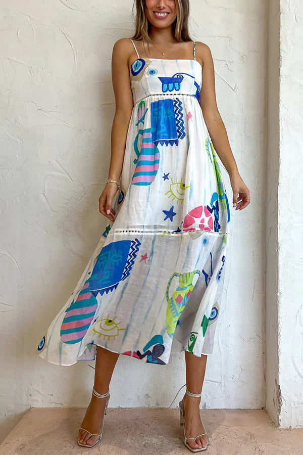 She's the Fun Linen Blend Playful Print Ladder Trim Midi Dress