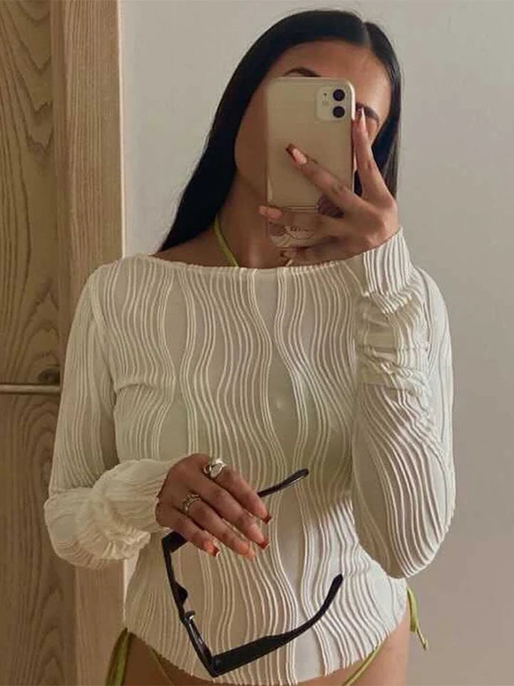 Woman Ruched Long Sleeve T-shirt Blouses Female White Skinny Cropped Bottoming Shirt Autumn Y2k Top Clothes
