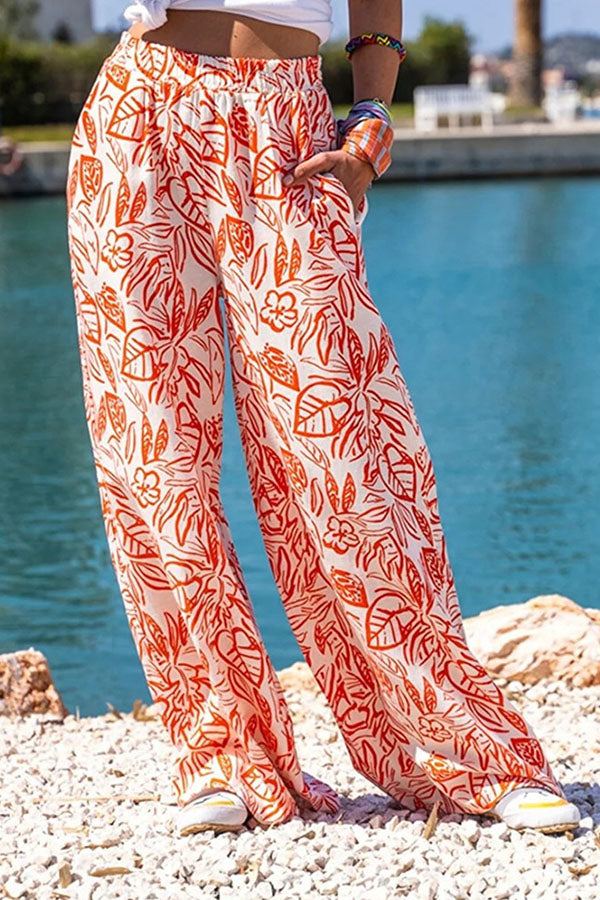 Printed Trousers Wide-leg Pants Diagonal Pocket Pants