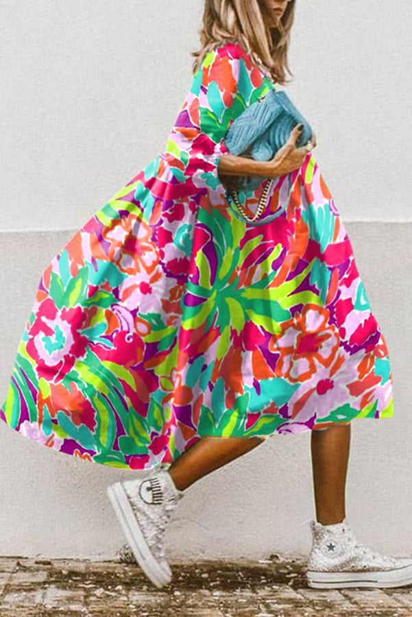 Print High Low Hem A-line Midi Dress