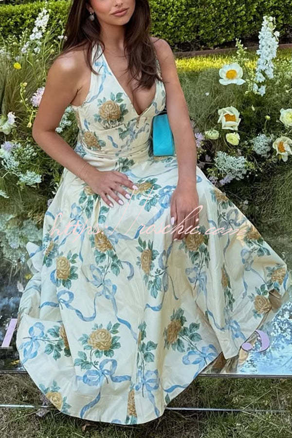 Resort Star Print Waist Halterneck Tie Pocket Midi Dress