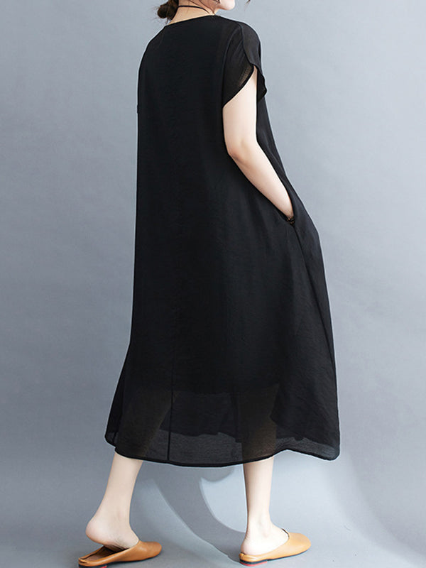 Loose Short Sleeves Color Split-joint Round-neck Midi Dresses