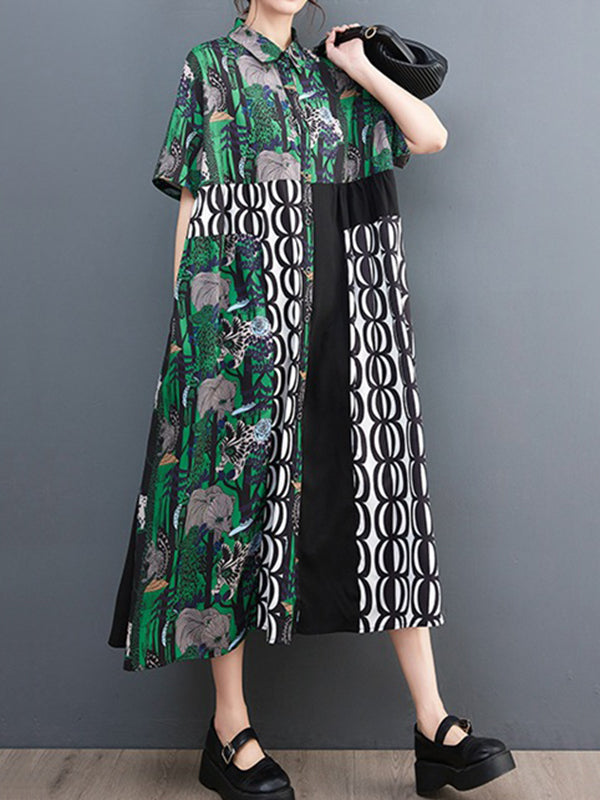 Short Sleeves Loose Printed Split-joint Lapel Midi Dresses Shirt Dress