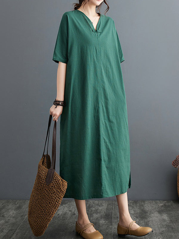A-line Loose Chinese Frog Buttons Pockets Color Split-side V-neck Midi Dresses