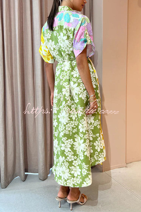 Travel Effortlessly Linen Blend Patchwork Shirt Midi Dress