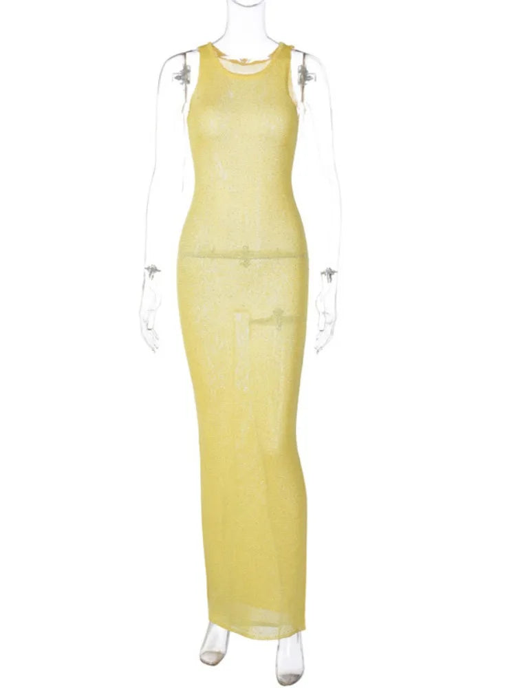 See-through Sleeveless Maxi Dress Female Sequin Slim High Waist Vest Clothes Long Dress