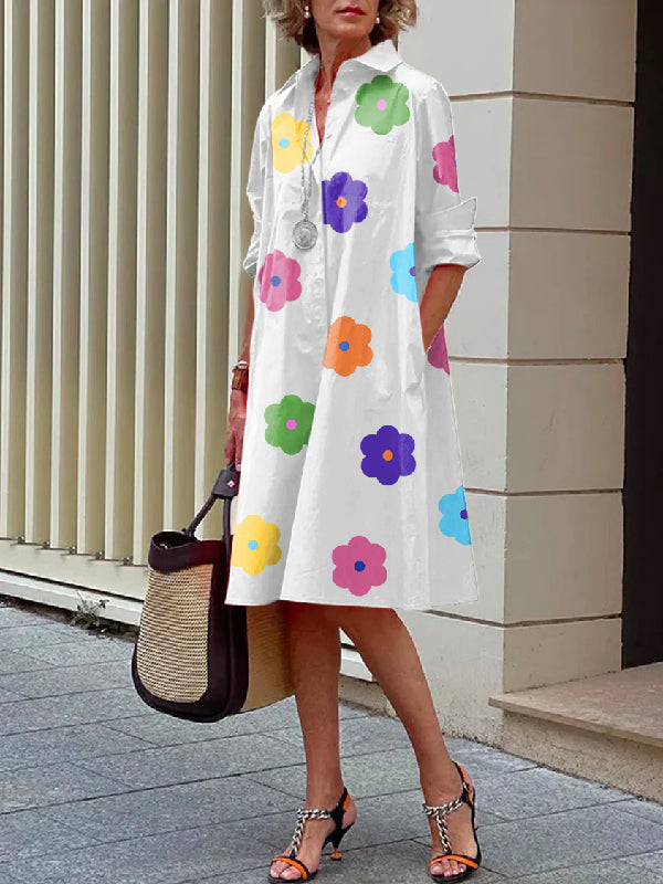 Long Sleeves Printed Lapel Midi Dresses