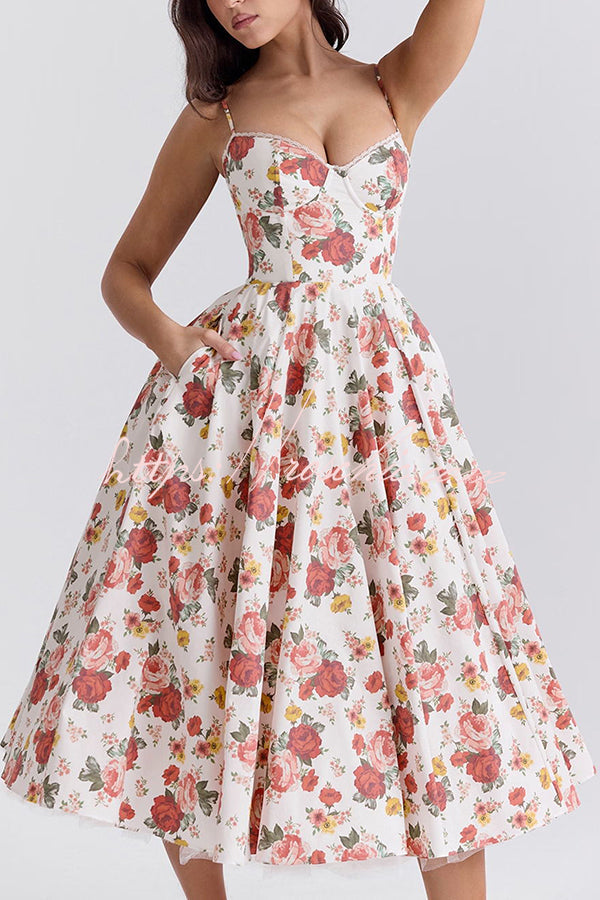 Fairy Tale Italian Rose Print Tulle Pocketed Slip Midi Dress