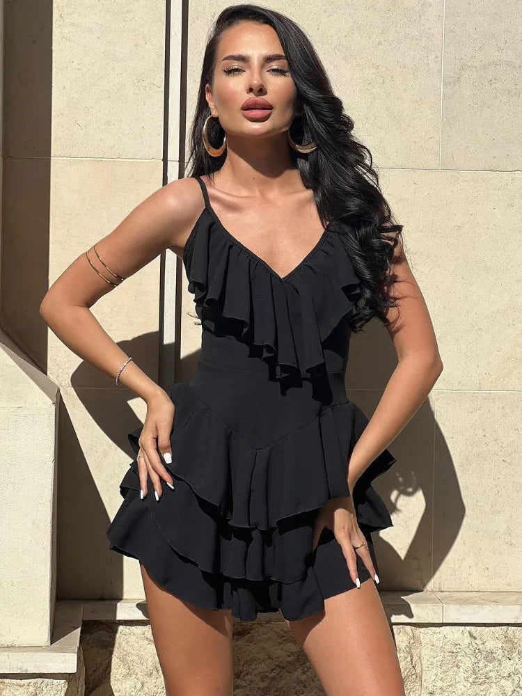 Deep V Neck Beach Dress Summer Slim Pleated Ruffle Dresses Holiday Backless Maxi Dresses for