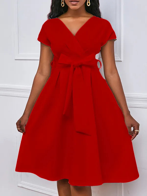 Bowknot Lace-up Color V-neck Midi Dresses