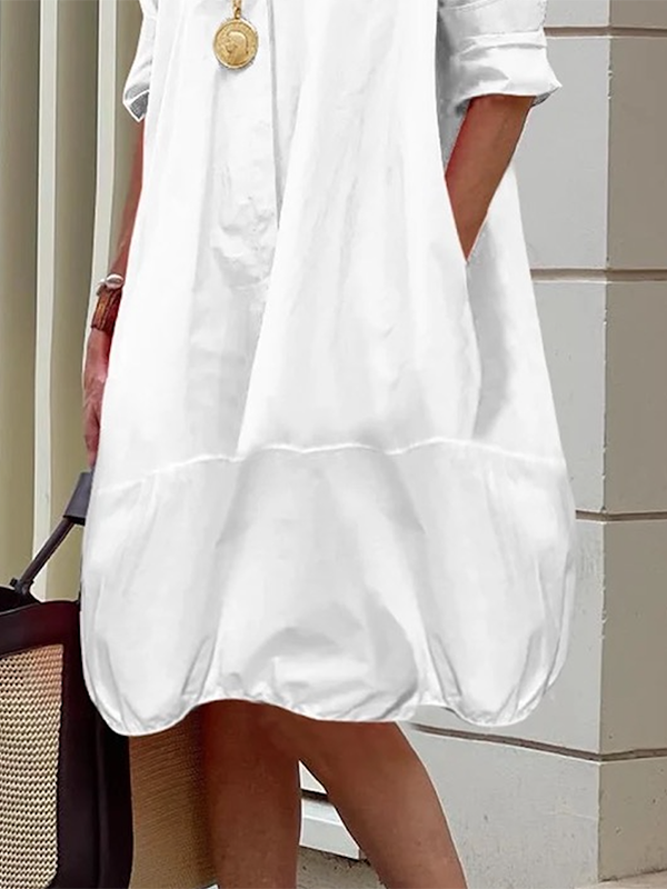 Long Sleeves Loose Color Lapel Collar Midi Dresses Shirt Dress