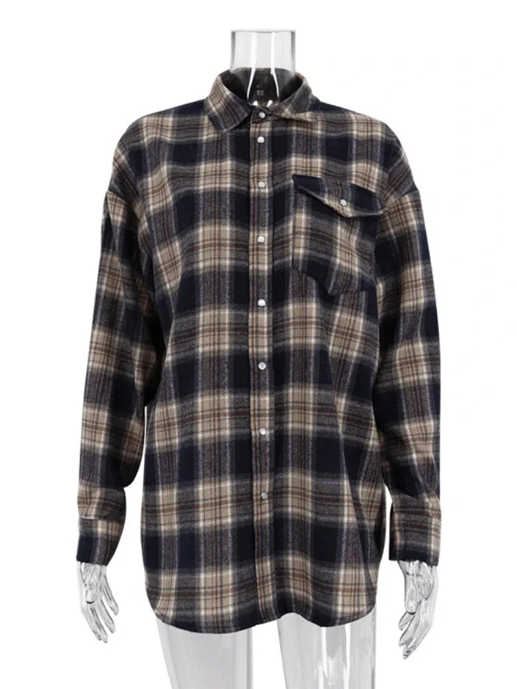 Retro Blouse Autumn Winter Loose Long Shirts Female Plaid Basic Street Cardigan Woman Clothing