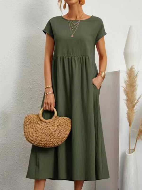 Loose Short Sleeves Pleated Color Round-neck Midi Dresses