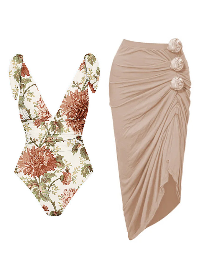 Bowknot Tie-shoulder Print One Piece Swimsuit and Skirt